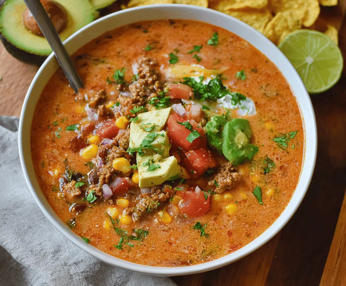 A delicious bowl of dairy-free taco soup topped with fresh cilantro, diced tomatoes, and sliced jalapenos, served with tortilla chips on the side.