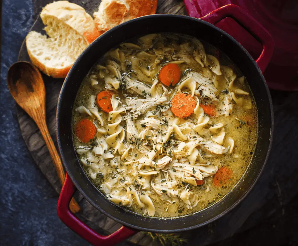 A steaming bowl of homemade Dutch Oven Chicken Noodle Soup with tender chicken, hearty vegetables, and egg noodles garnished with fresh herbs, perfect for a comforting meal.