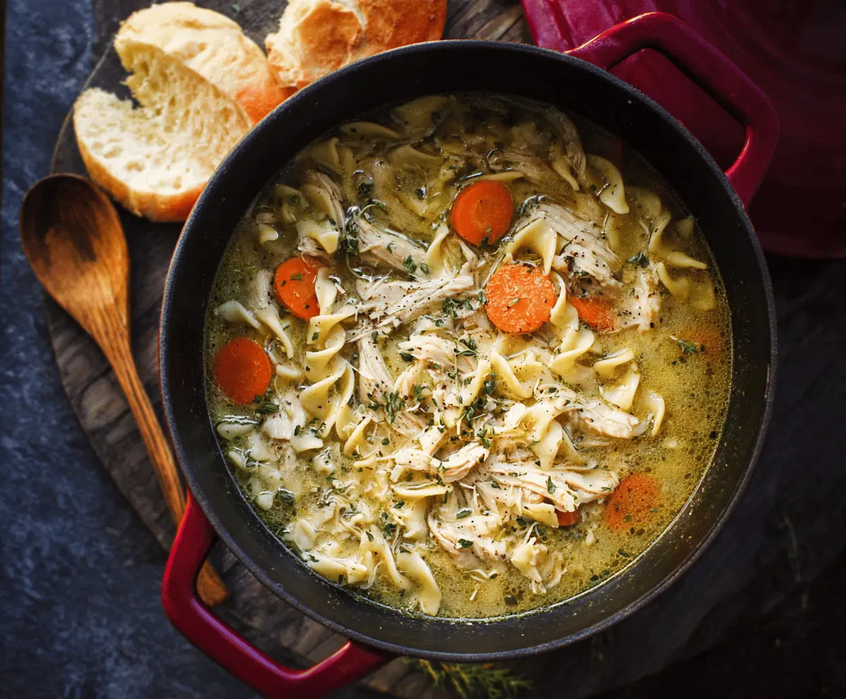 A steaming bowl of homemade Dutch Oven Chicken Noodle Soup with tender chicken, hearty vegetables, and egg noodles garnished with fresh herbs, perfect for a comforting meal.