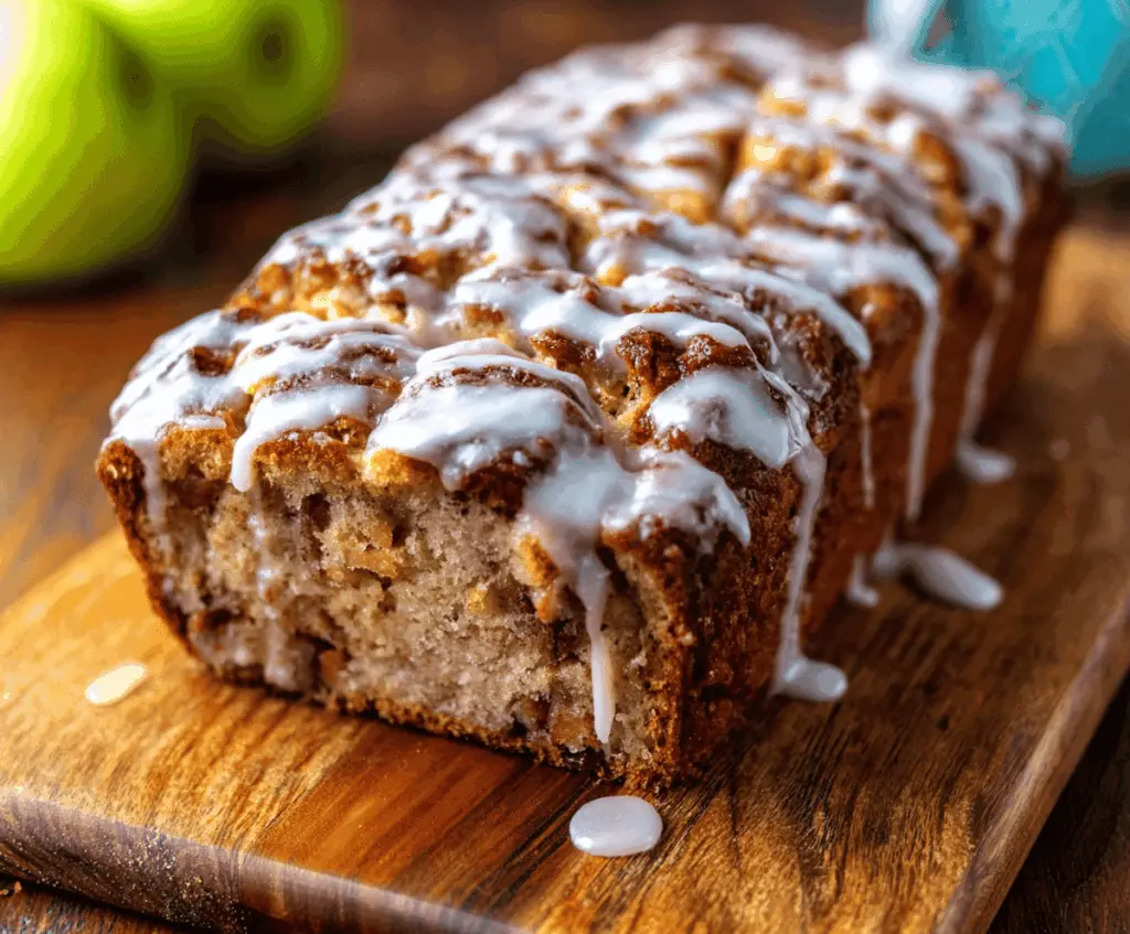 Delicious glazed apple cinnamon fritter bread topped with icing and cinnamon sugar, served on a rustic wooden table