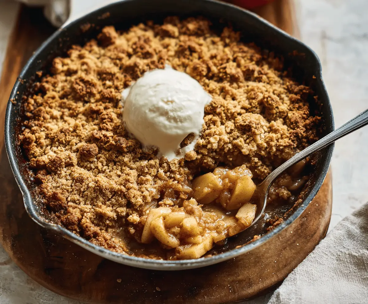 Delicious gluten-free apple crisp topped with golden brown crumble, served in a rustic dish with fresh apple slices and a scoop of vanilla ice cream