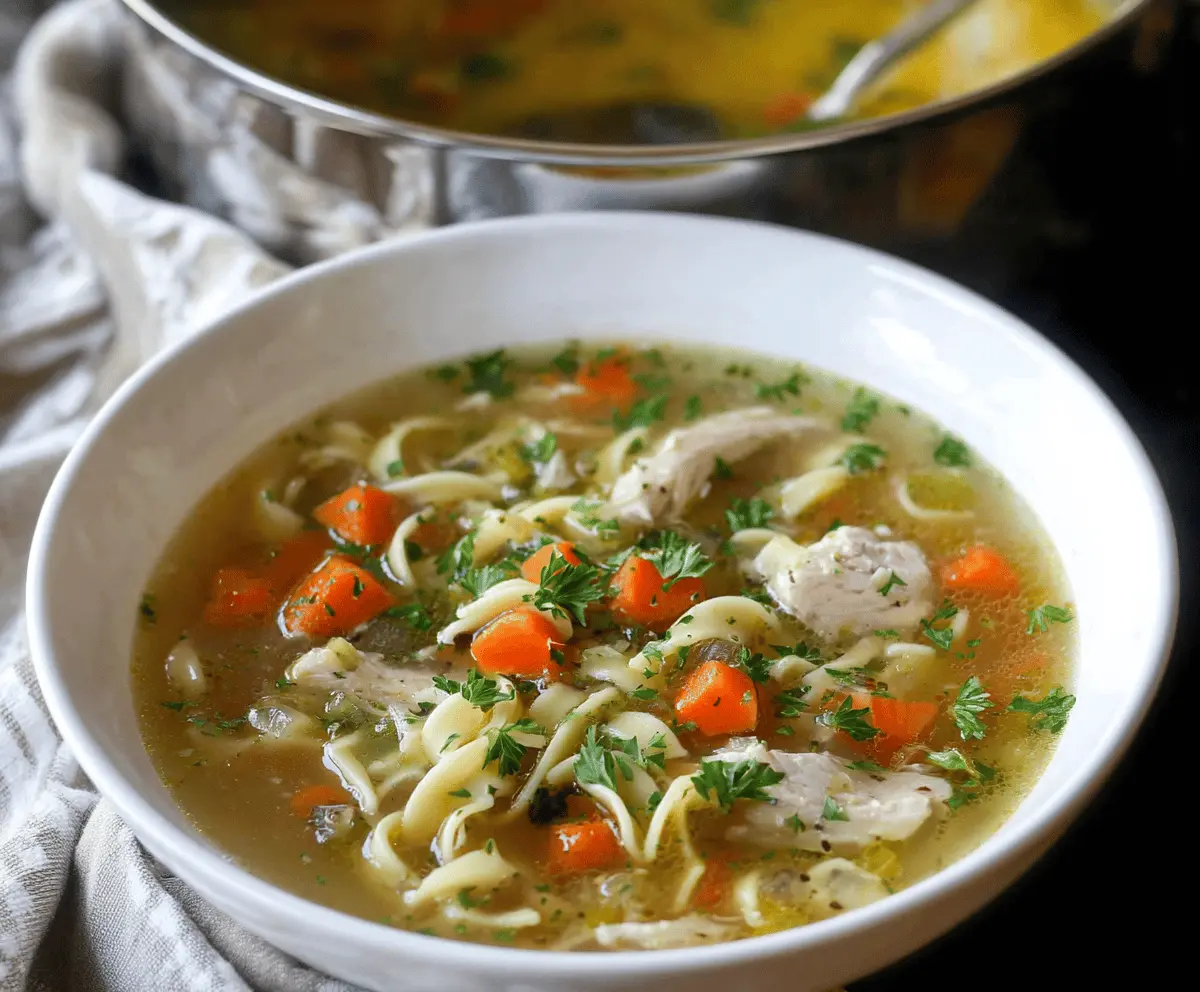 A steaming bowl of gluten-free chicken noodle soup with tender chicken, gluten-free noodles, vegetables, and fresh herbs, served in a white bowl on a rustic wooden table.