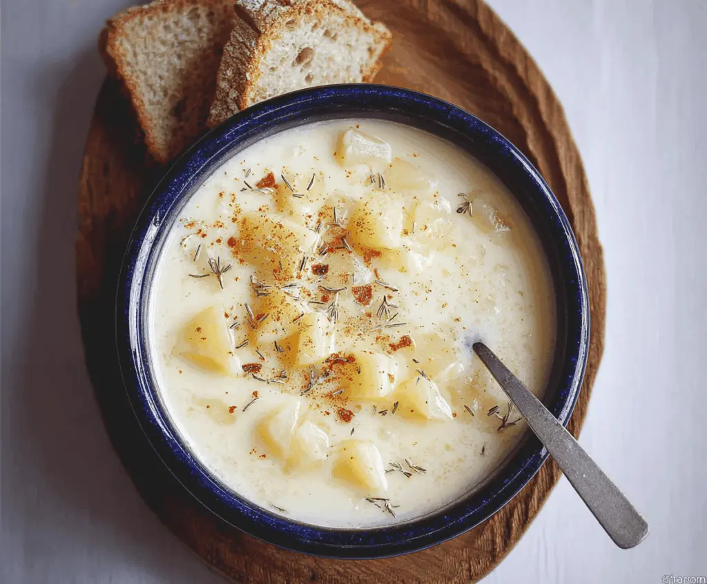 Creamy homemade Grandma's Potato Soup in a rustic bowl topped with fresh herbs, served with crusty bread on a wooden table.