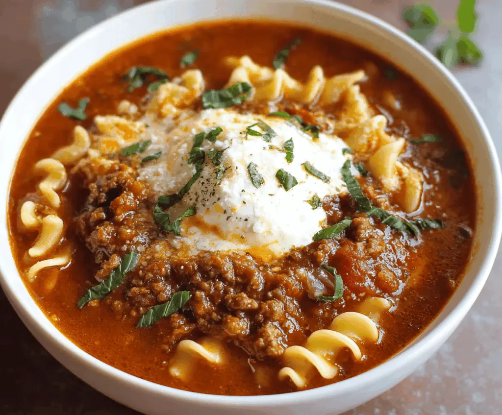 Hearty Ground Beef Lasagna Soup in a bowl with melted cheese, pasta, and fresh herbs, perfect for a comforting meal.