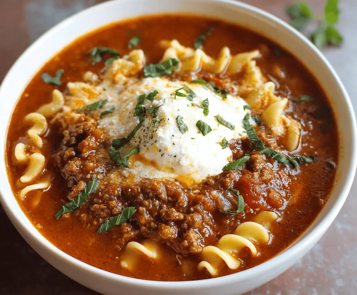 Hearty Ground Beef Lasagna Soup in a bowl with melted cheese, pasta, and fresh herbs, perfect for a comforting meal.