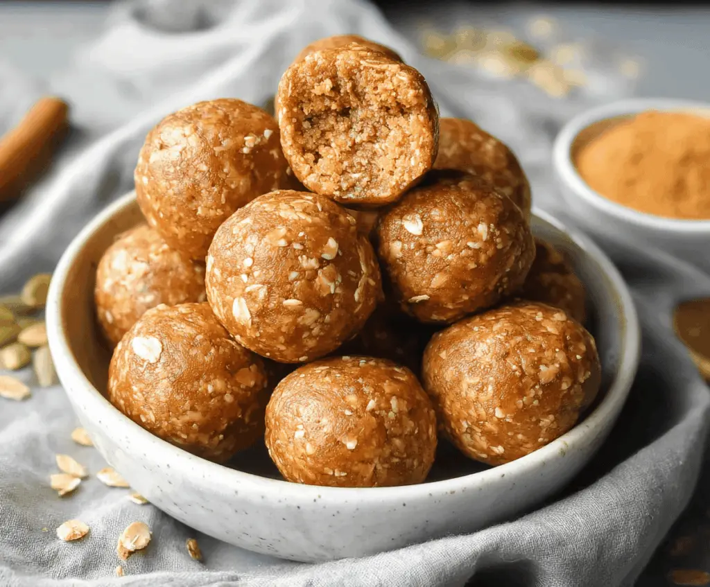 Delicious healthy pumpkin spice protein balls on a white plate, featuring a fall-inspired treat with pumpkin, cinnamon, and protein powder for a nutritious snack