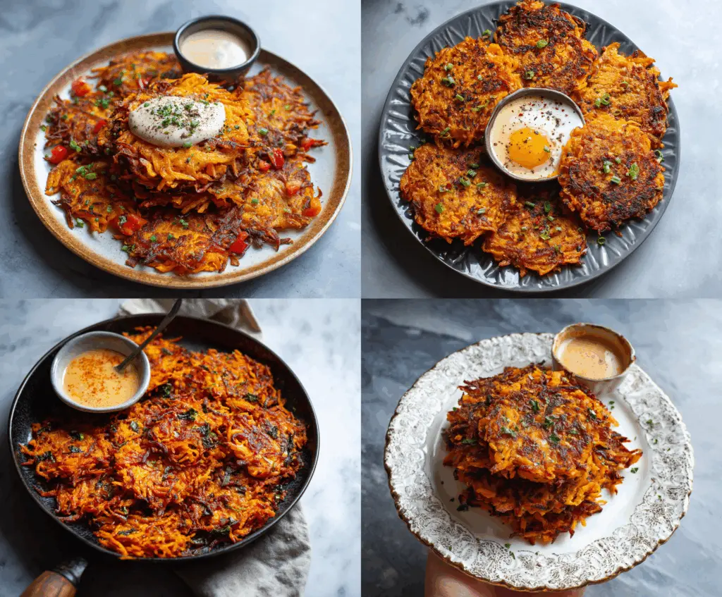 Delicious healthy sweet potato hash browns served on a plate with fresh herbs, perfect for a nutritious breakfast or snack.