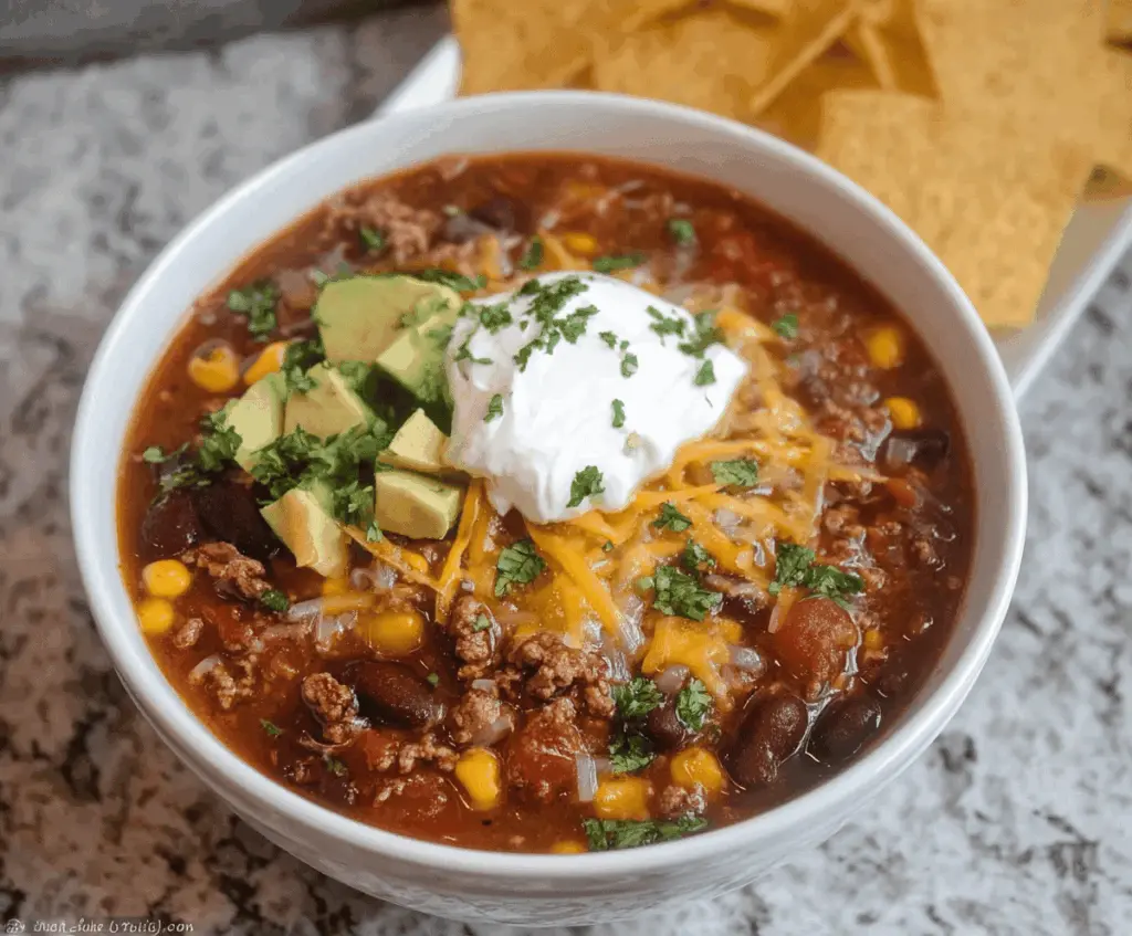 Delicious Instant Pot Beef Taco Soup in a bowl with beef, beans, corn, and toppings, ready to serve