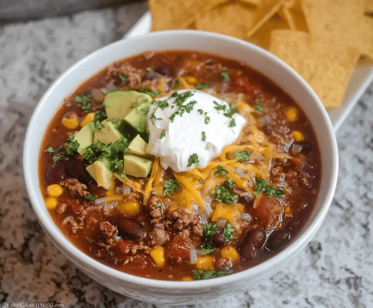 Delicious Instant Pot Beef Taco Soup in a bowl with beef, beans, corn, and toppings, ready to serve