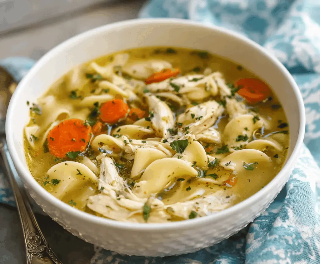 Creamy and hearty Instant Pot Chicken Noodle Soup in a bowl, featuring tender chicken, vegetables, and noodles for a comforting meal