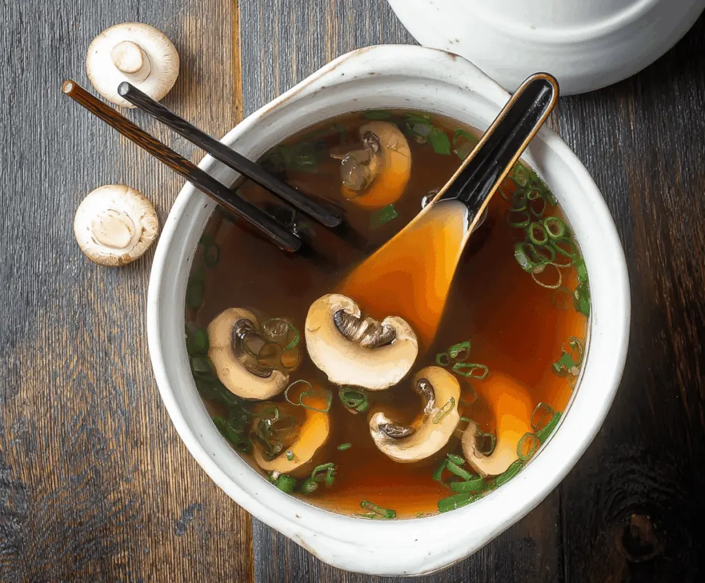 A steaming bowl of Japanese clear soup featuring delicate broth, fresh green onions, tofu cubes, and colorful vegetables, served in a traditional bowl.