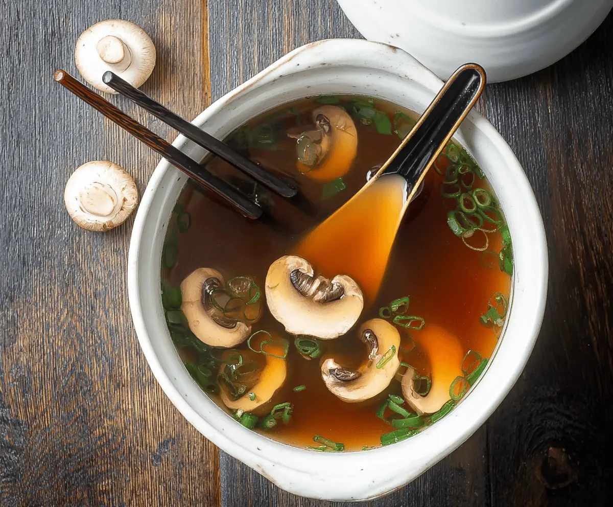 A steaming bowl of Japanese clear soup featuring delicate broth, fresh green onions, tofu cubes, and colorful vegetables, served in a traditional bowl.