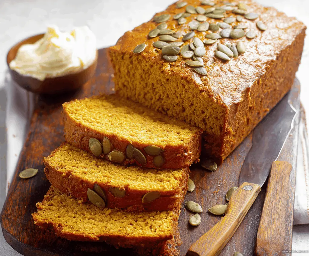 Delicious homemade keto pumpkin bread with a moist texture and warm fall spices on a rustic wooden table.