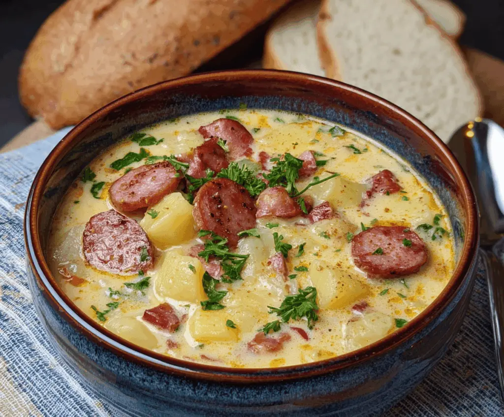 Creamy kielbasa and potato soup garnished with fresh herbs in a bowl, perfect for a hearty comfort meal