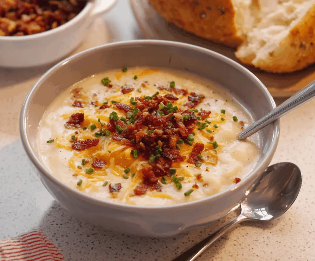 Creamy loaded potato soup topped with crispy bacon and shredded cheese in a bowl, garnished with chopped green onions