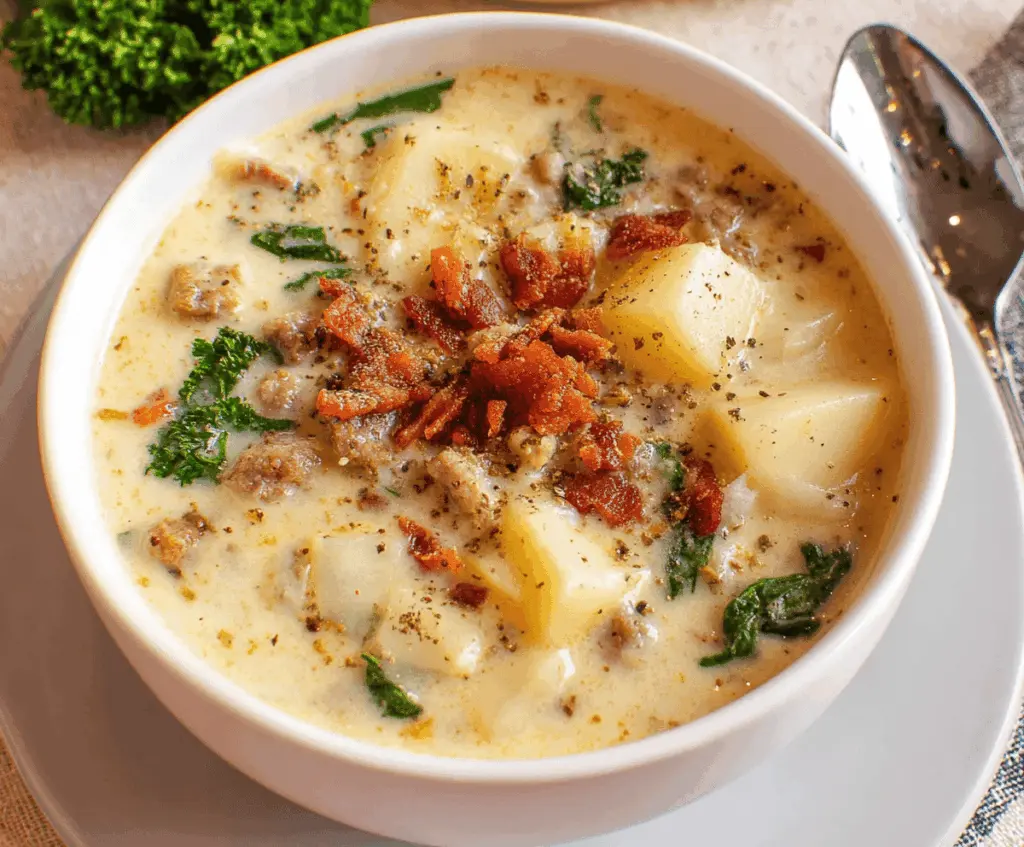 Creamy Olive Garden Potato Soup served in a bowl with fresh herbs, highlighting a comforting and savory appetizer or main course option.