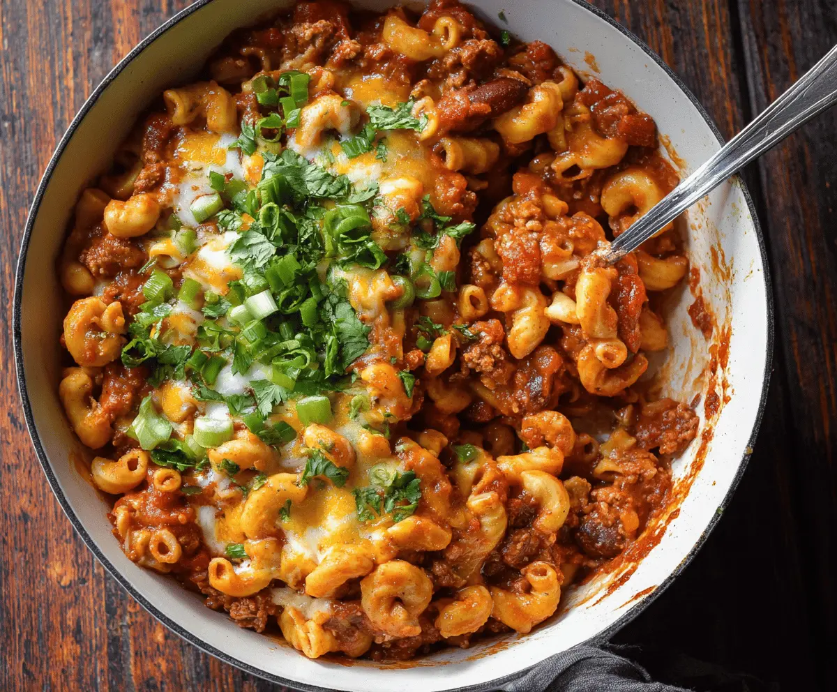 Delicious One Pot Chili Mac and Cheese served in a bowl, featuring creamy cheese, spicy chili, and pasta for a hearty comfort meal
