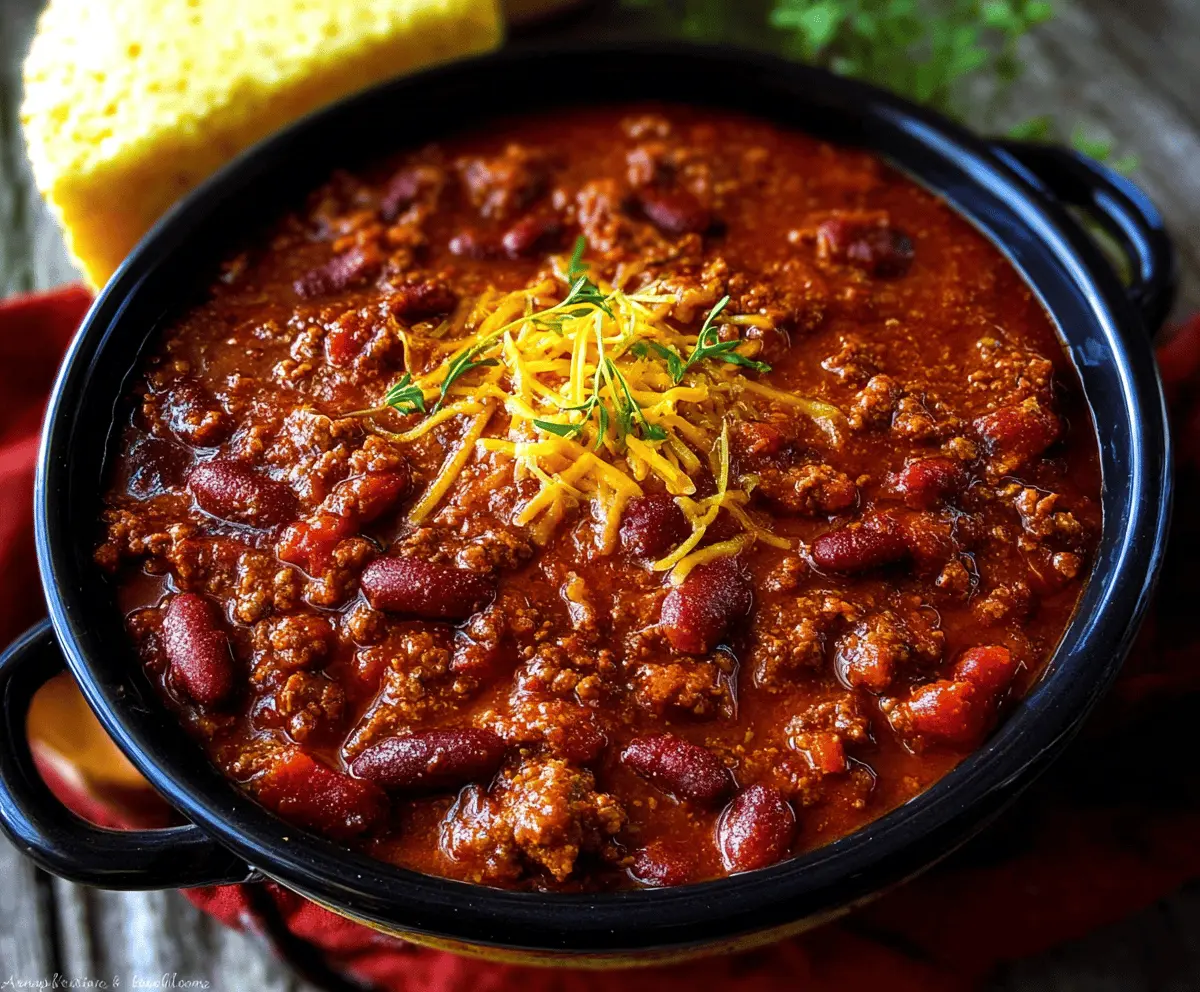 Delicious homemade One-Pot Chili topped with shredded cheese and fresh cilantro, served in a bowl with a spoon on a rustic wooden table.