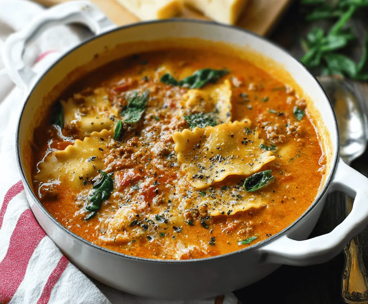 Creamy One-Pot Lasagna Soup in a bowl, garnished with fresh basil and grated cheese, served hot for a comforting meal