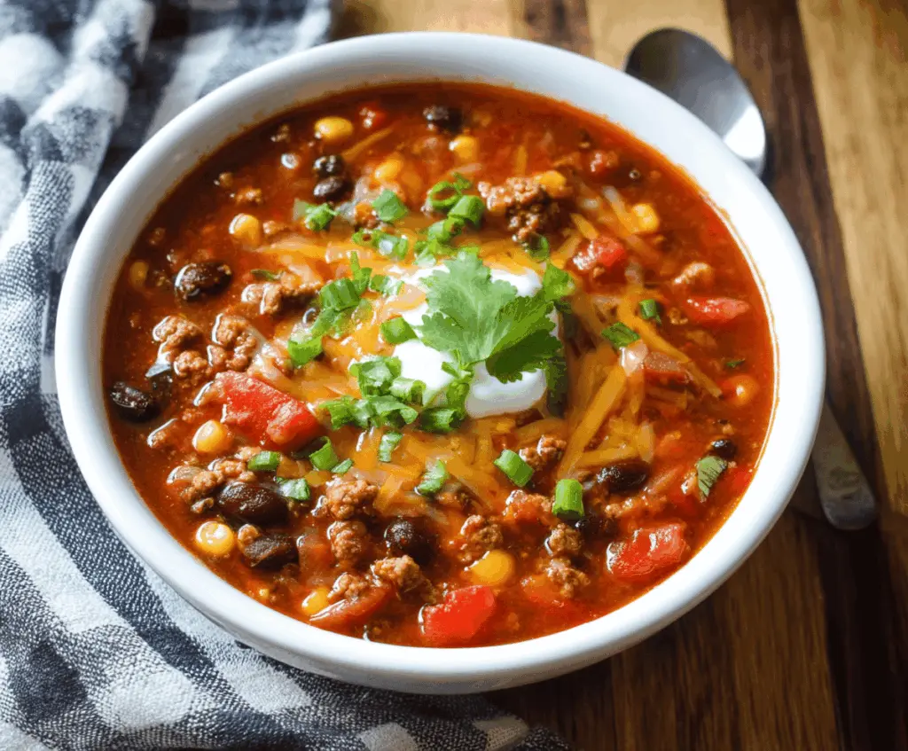 A delicious bowl of One-Pot Taco Soup garnished with shredded cheese, fresh cilantro, and sour cream, served in a rustic bowl on a wooden table.