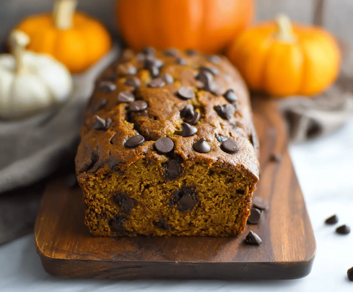 Delicious homemade pumpkin banana chocolate chip bread sliced with a golden crust and gooey chocolate chips, perfect for fall baking