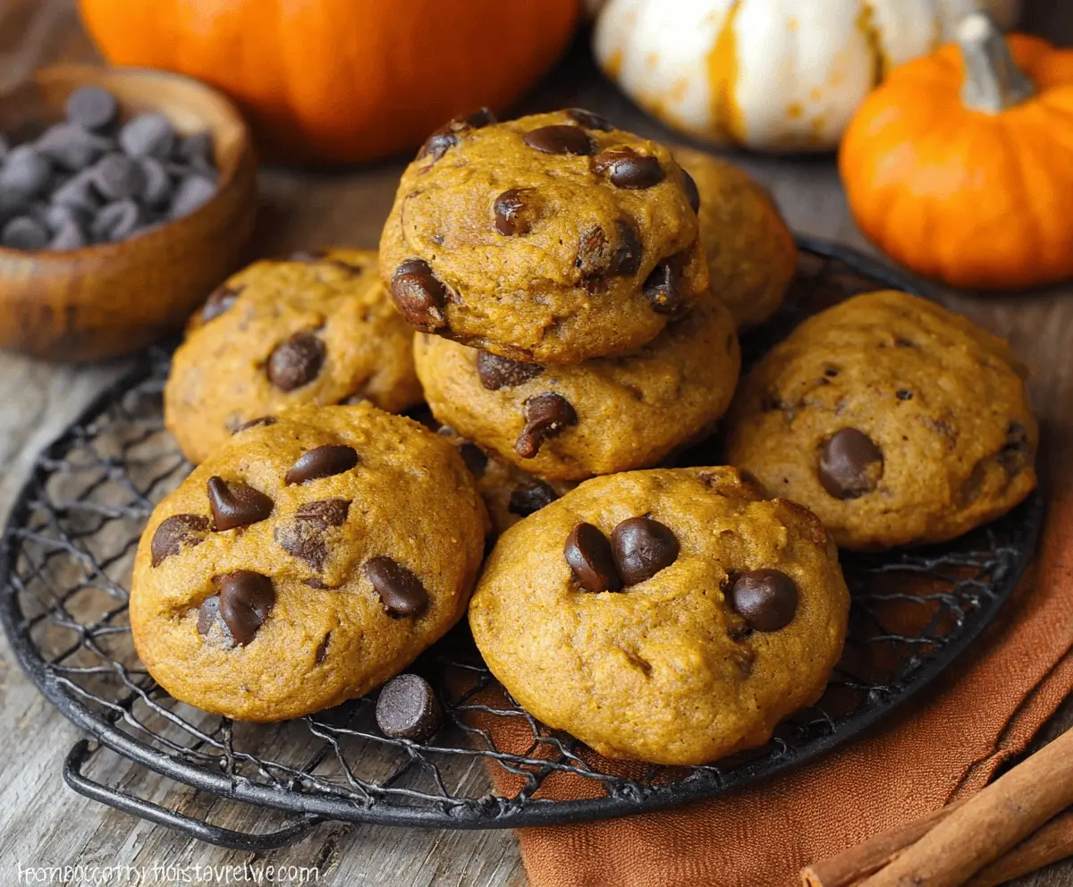Delicious homemade pumpkin chocolate chip cookies with gooey chocolate chips and warm fall flavors, perfect for autumn baking.