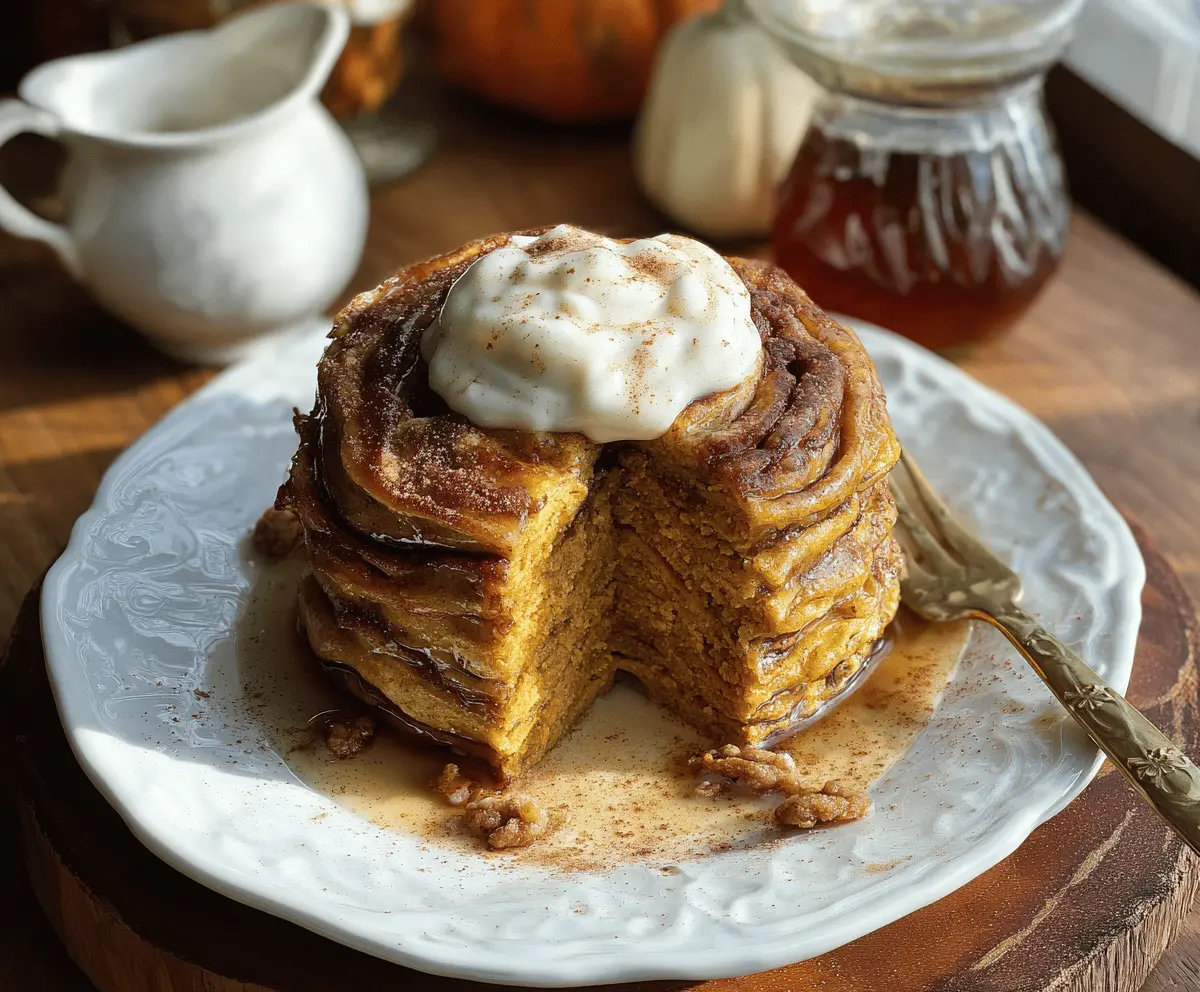 Fluffy Pumpkin Cinnamon Roll Pancakes topped with cream cheese glaze and cinnamon, served with whipped cream and autumn spices.