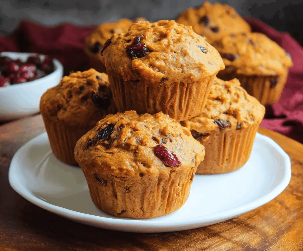 Delicious homemade pumpkin cranberry muffins topped with fresh cranberries and a sprinkle of cinnamon, perfect for fall breakfasts.