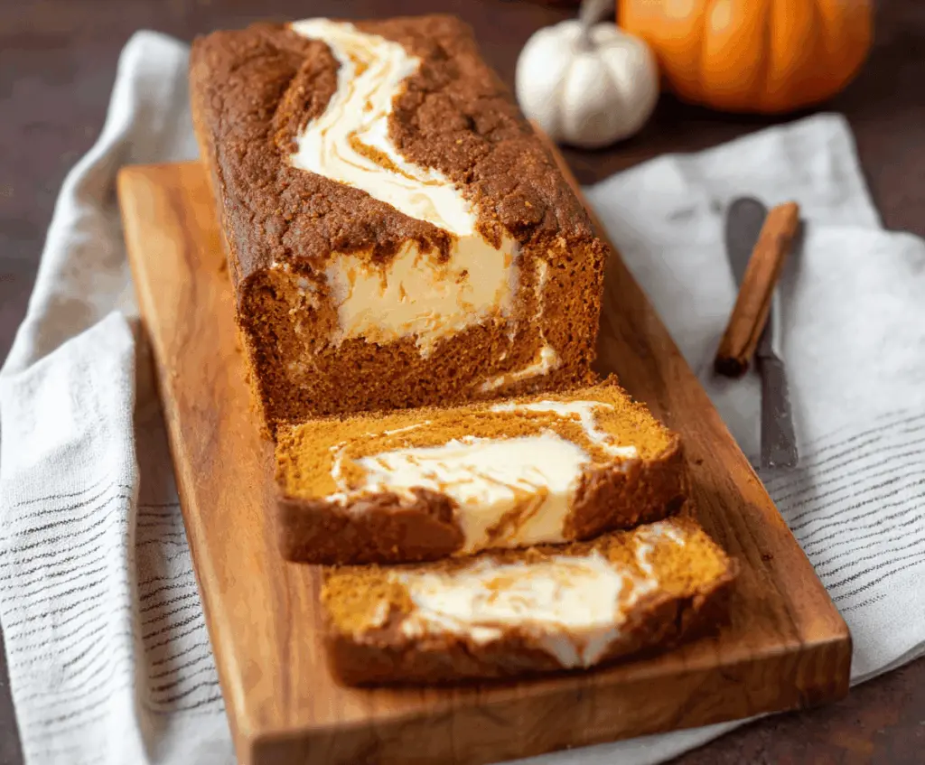 Freshly sliced Pumpkin Cream Cheese Bread topped with a dusting of powdered sugar, showcasing its moist texture and creamy filling perfect for fall-inspired baking.