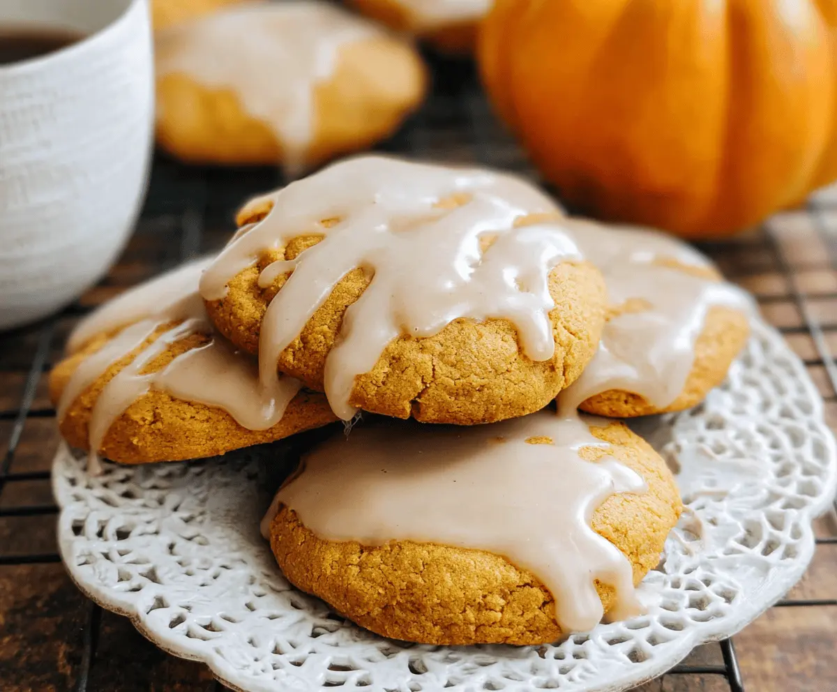 Delicious pumpkin glazed cookies on a rustic wooden platter, perfect for fall desserts and holiday treats