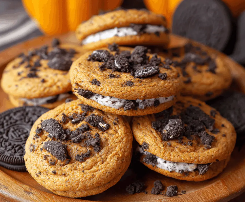 Delicious homemade Pumpkin Oreo Cookies with pumpkin-flavored filling and crunchy Oreo cookie layers, perfect for fall desserts.