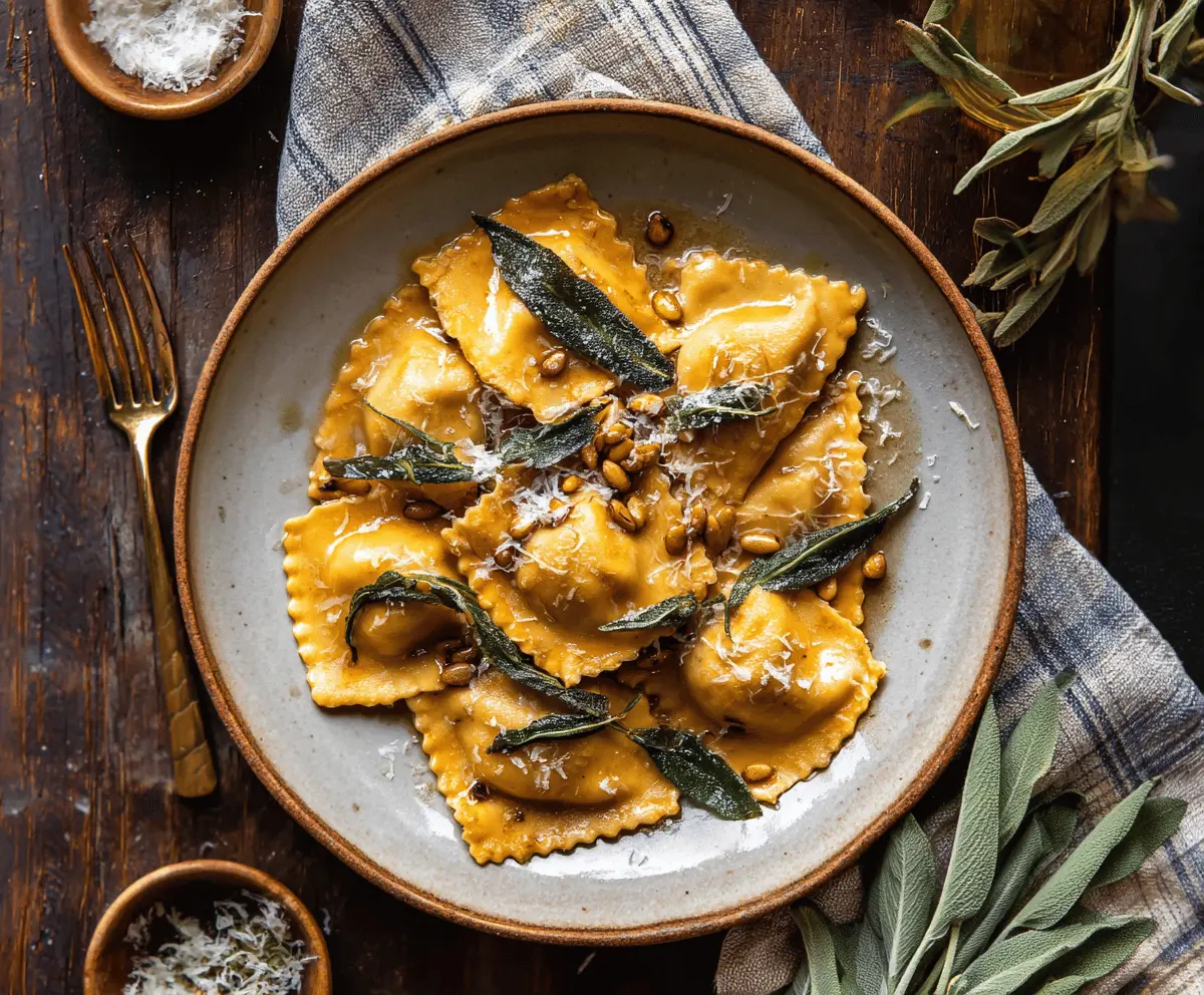 Delicious pumpkin ravioli served with brown butter and fresh sage, garnished with grated Parmesan cheese on a rustic plate.