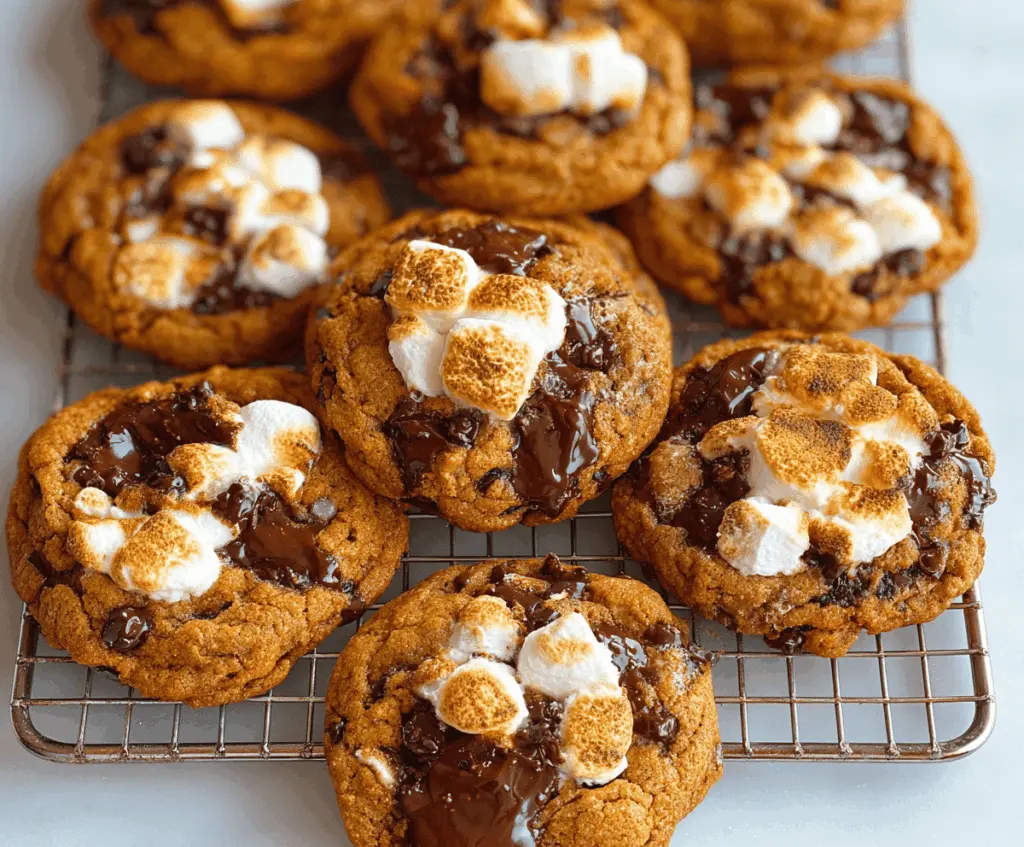 Delicious Pumpkin S'mores Cookies with gooey marshmallows, chocolate, and pumpkin spice on a rustic wooden surface.