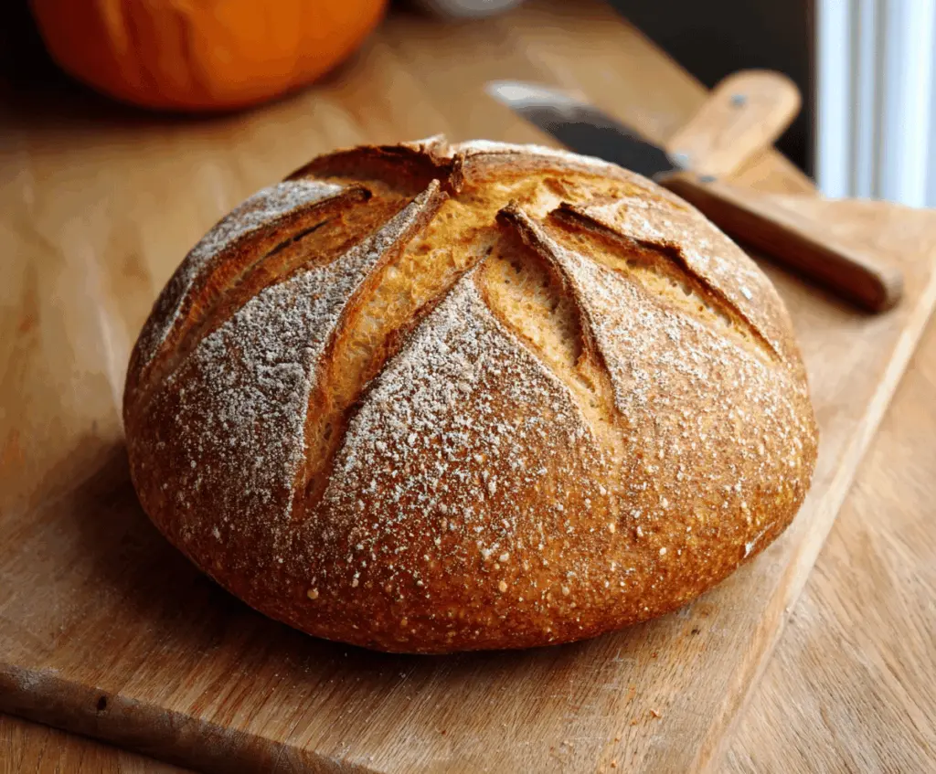 Homemade pumpkin sourdough bread topped with pumpkin seeds and a crispy crust, perfect for fall baking.