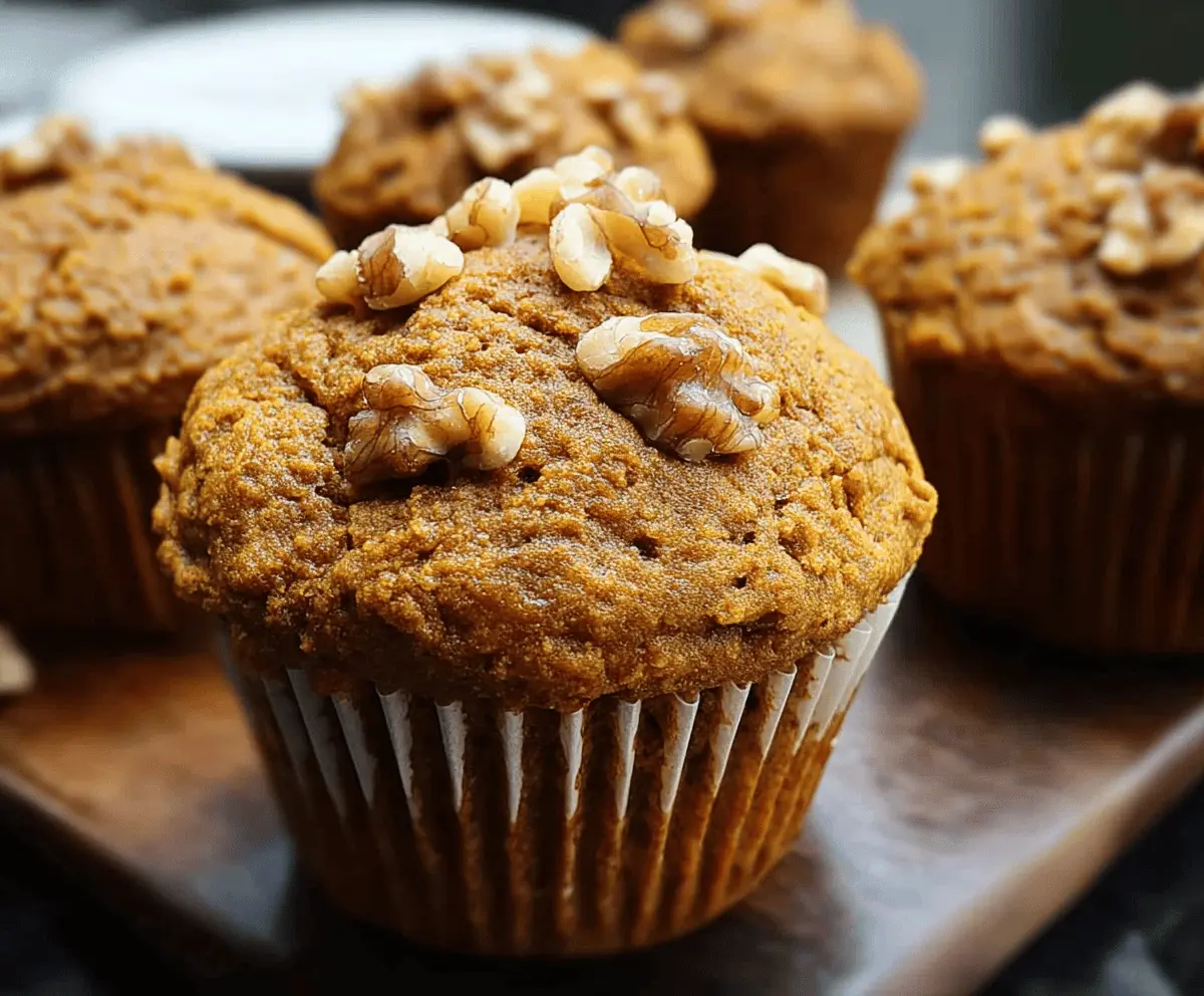 Freshly baked pumpkin walnut muffins topped with a sprinkle of walnuts and cinnamon, perfect for fall breakfast or snack.