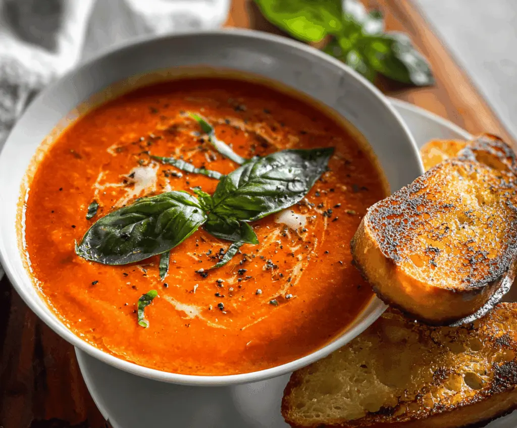 Creamy red pepper and tomato soup garnished with fresh herbs in a bowl, perfect for a warm, flavorful appetizer or meal.