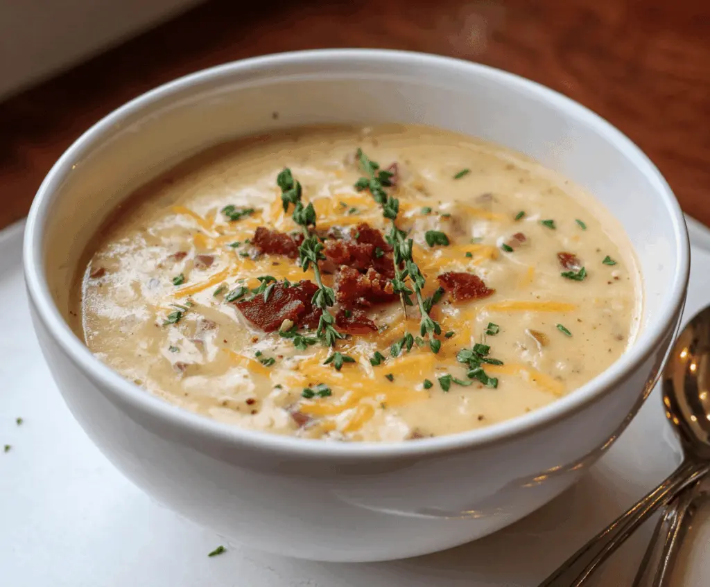 Creamy red potato soup garnished with fresh herbs in a bowl, perfect for a comforting meal