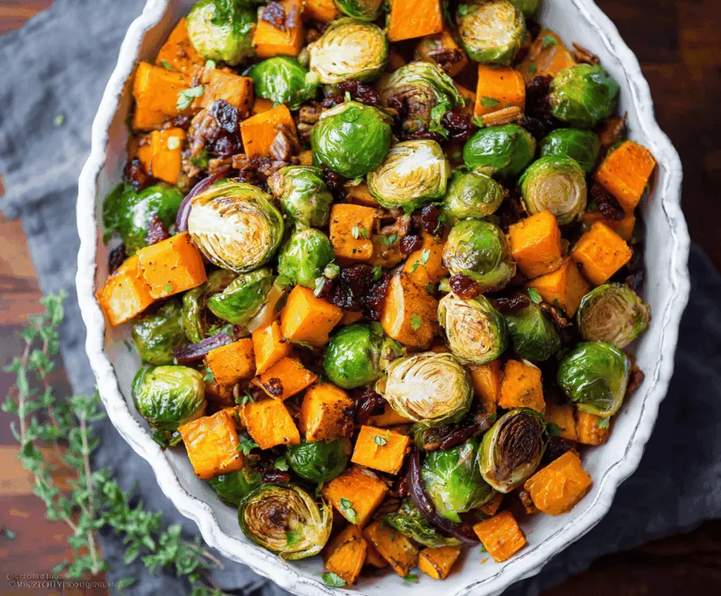 Delicious roasted Brussels sprouts and sweet potatoes seasoned and crispy, perfect for a healthy side dish or dinner recipe.