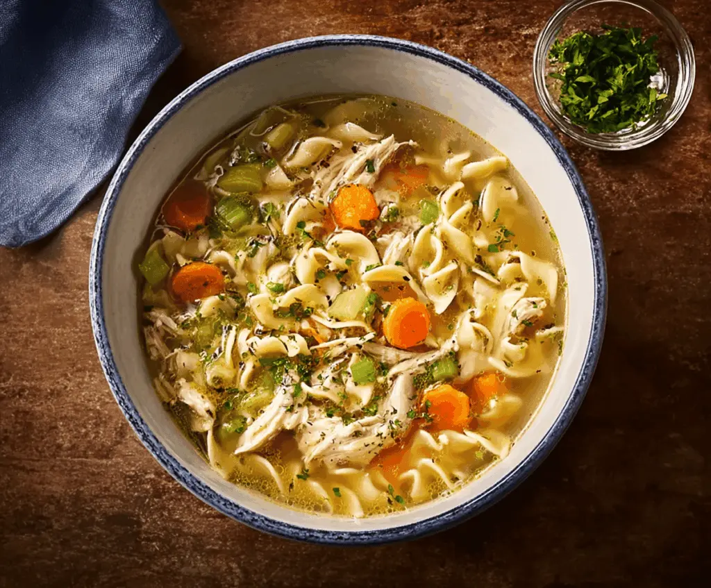 A steaming bowl of rotisserie chicken noodle soup with tender chicken, colorful vegetables, and tender noodles garnished with fresh herbs, served in a white ceramic bowl.