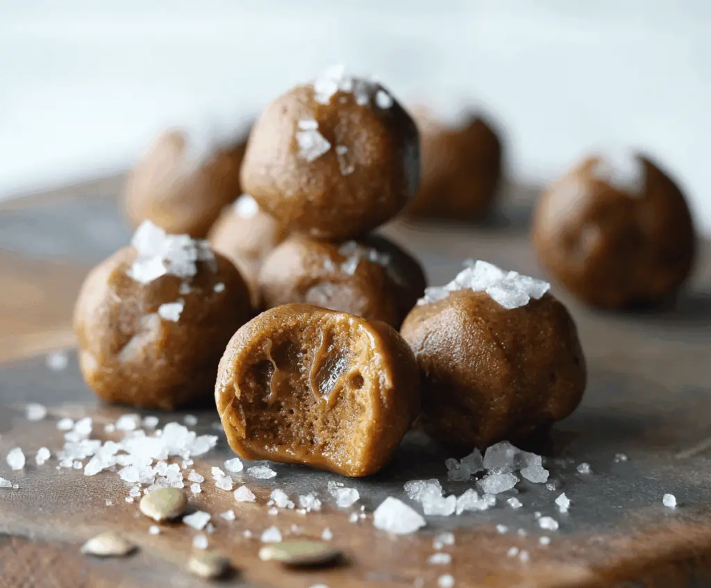 Delicious salted caramel pumpkin protein balls on a white plate, featuring a festive autumn-inspired treat with a drizzle of caramel and a sprinkle of sea salt.