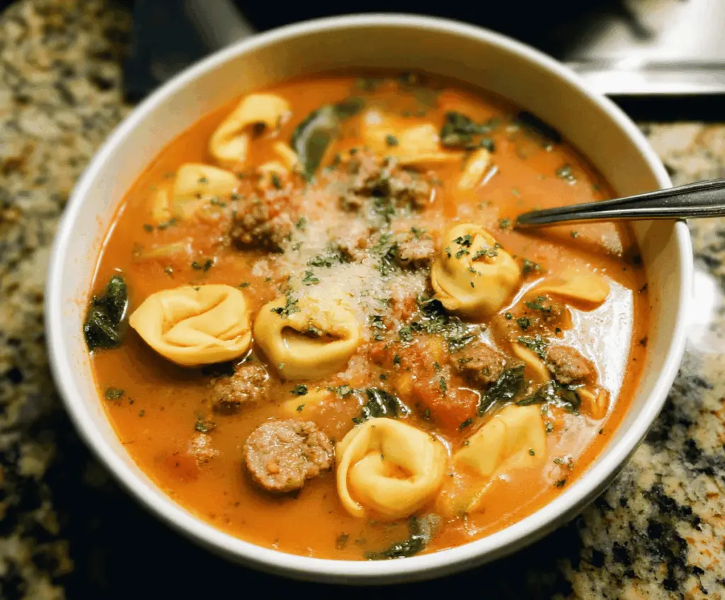 A bowl of hearty sausage tortellini soup with sausage slices, cheese tortellini, spinach, and broth garnished with herbs, served in a white bowl.