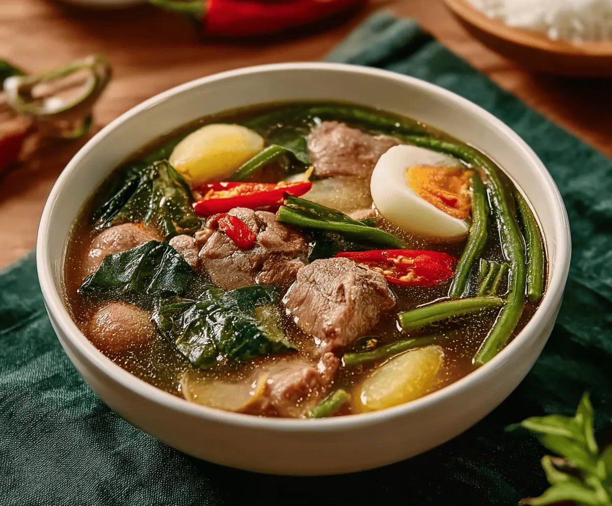 Delicious steaming bowl of Sinigang, Filipino sour tamarind soup with vegetables and meat, served in a traditional bowl