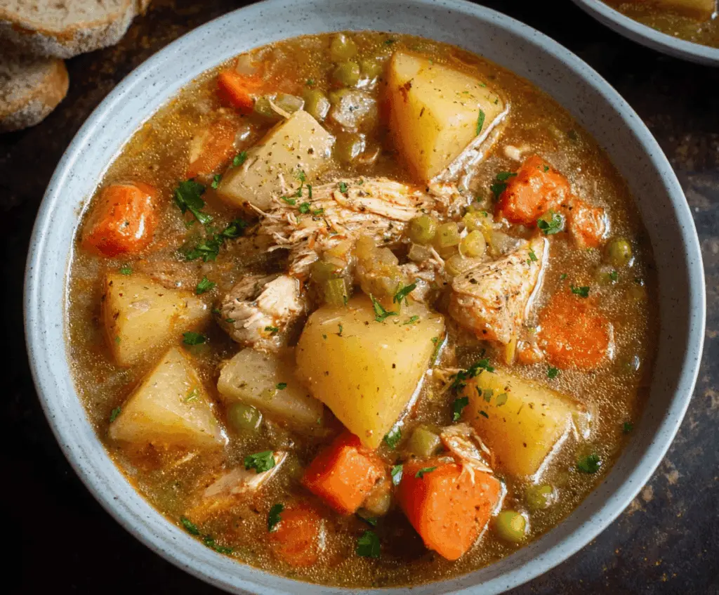 Hearty slow cooker chicken stew with vegetables and herbs in a bowl, perfect for a comforting homemade meal.