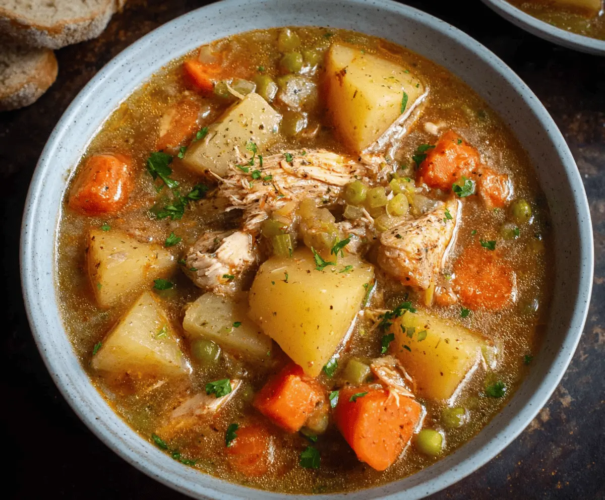 Hearty slow cooker chicken stew with vegetables and herbs in a bowl, perfect for a comforting homemade meal.