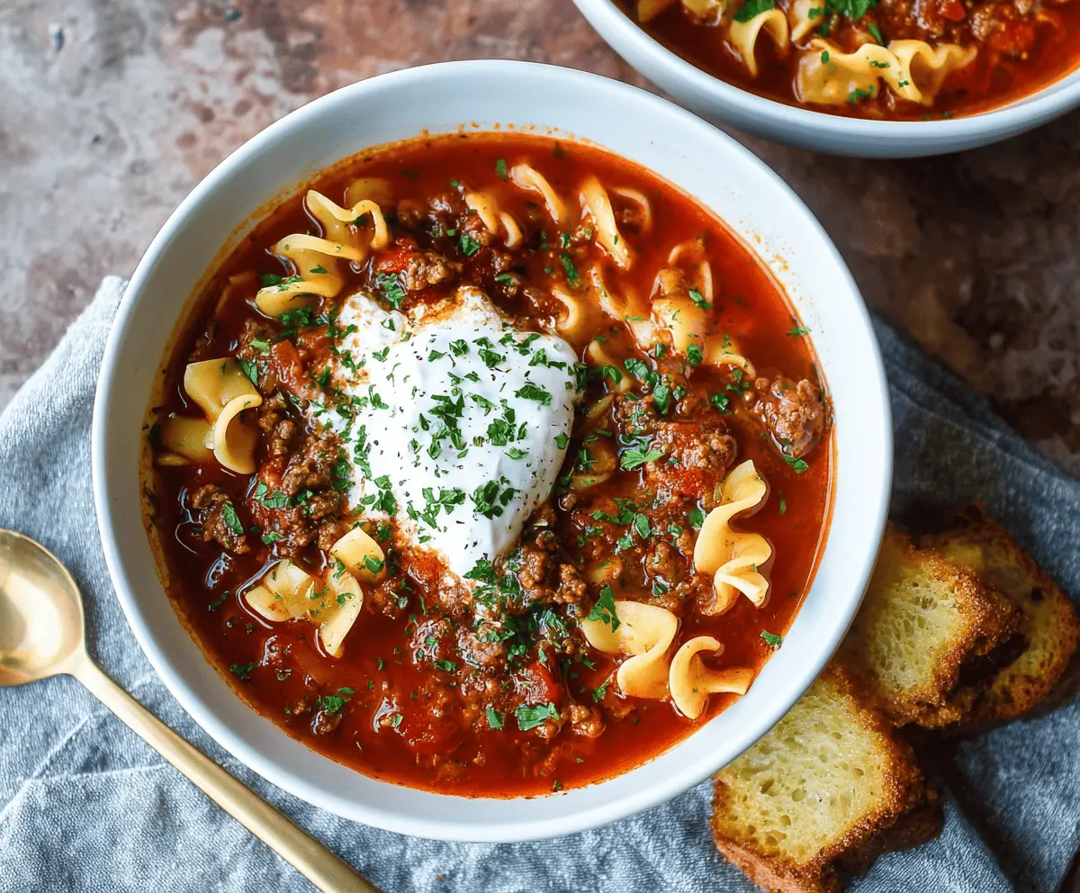 Hearty Slow Cooker Ground Beef Lasagna Soup with melted cheese and fresh herbs in a bowl