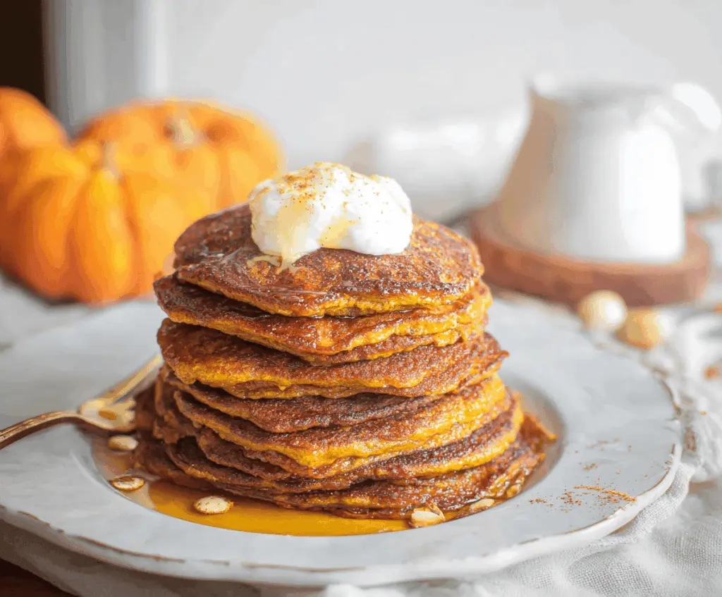 Golden sourdough pumpkin pancakes topped with whipped cream and maple syrup, served with fresh pumpkin slices on a rustic plate.