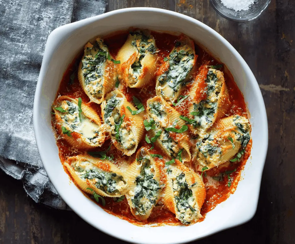 Delicious spinach and ricotta stuffed shells baked to perfection with melted cheese and fresh herbs, served on a white plate.