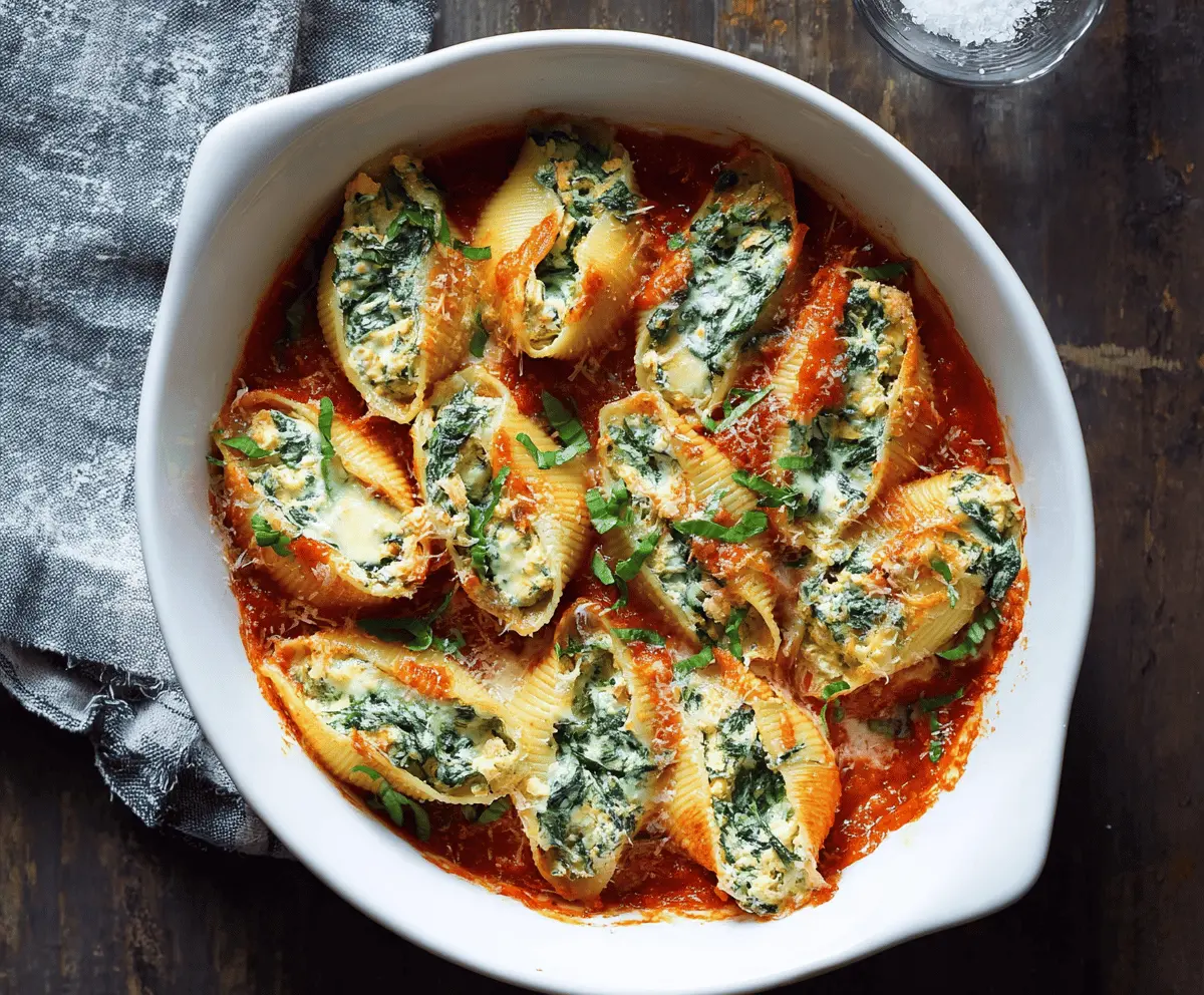 Delicious spinach and ricotta stuffed shells baked to perfection with melted cheese and fresh herbs, served on a white plate.