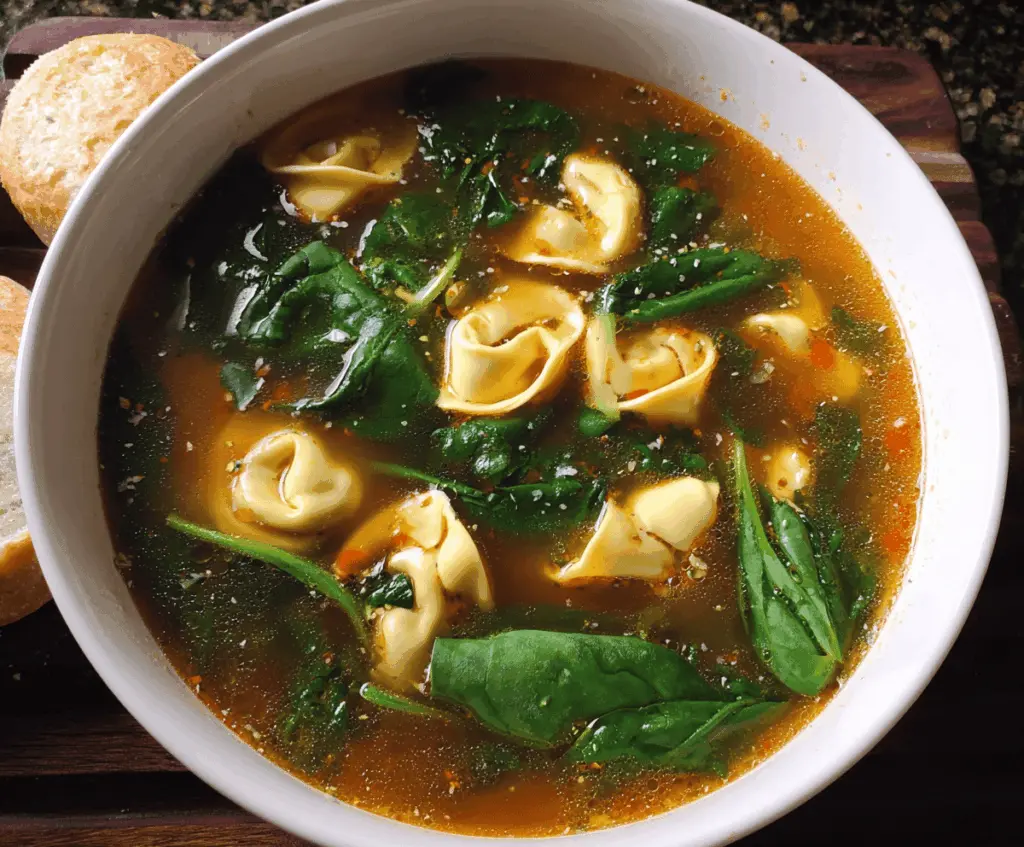 A bowl of warm spinach tortellini soup garnished with fresh herbs and grated cheese, showcasing colorful tortellini, spinach leaves, and a savory broth.