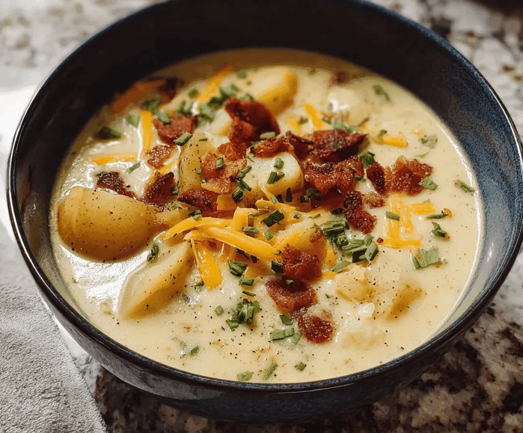 Creamy stovetop potato soup in a bowl with garnished herbs, served hot with a spoon on a rustic wooden table.